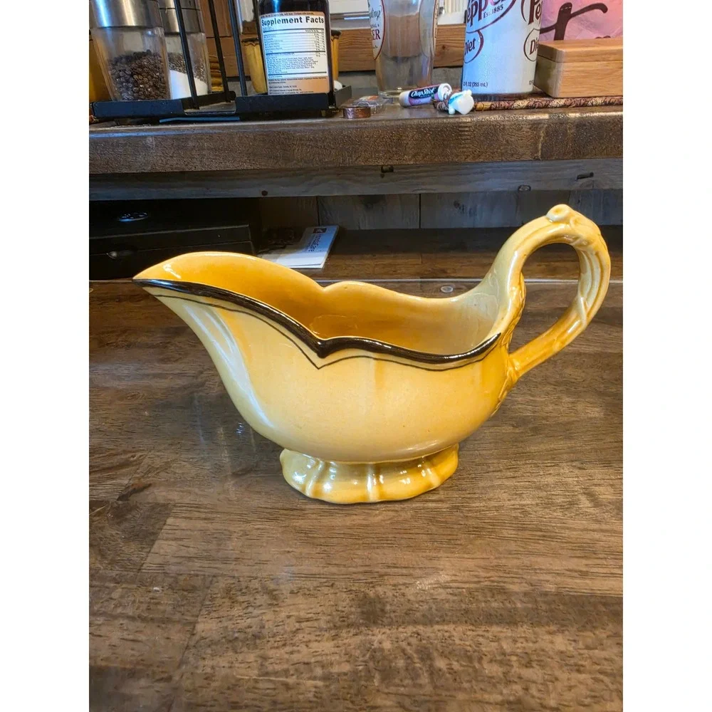 Vintage Yellow Ceramic Gravy Boat with Brown Scalloped Rim Pedestal Base 32